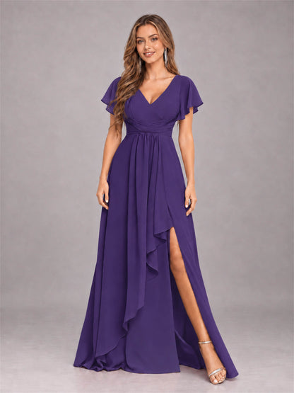 Regency Stylish Ruffles A-Line V-Neck Slit Chiffon Bridesmaid Dress