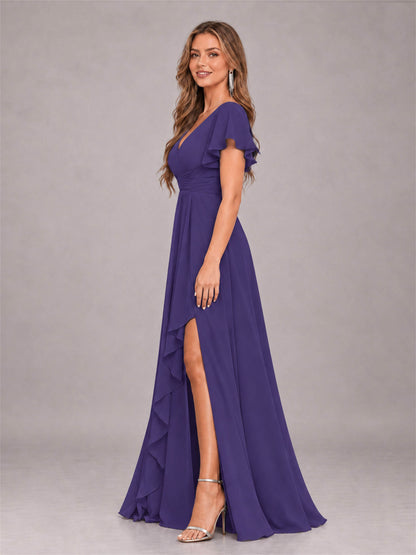 Regency Stylish Ruffles A-Line V-Neck Slit Chiffon Bridesmaid Dress