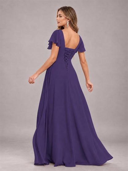 Regency Stylish Ruffles A-Line V-Neck Slit Chiffon Bridesmaid Dress