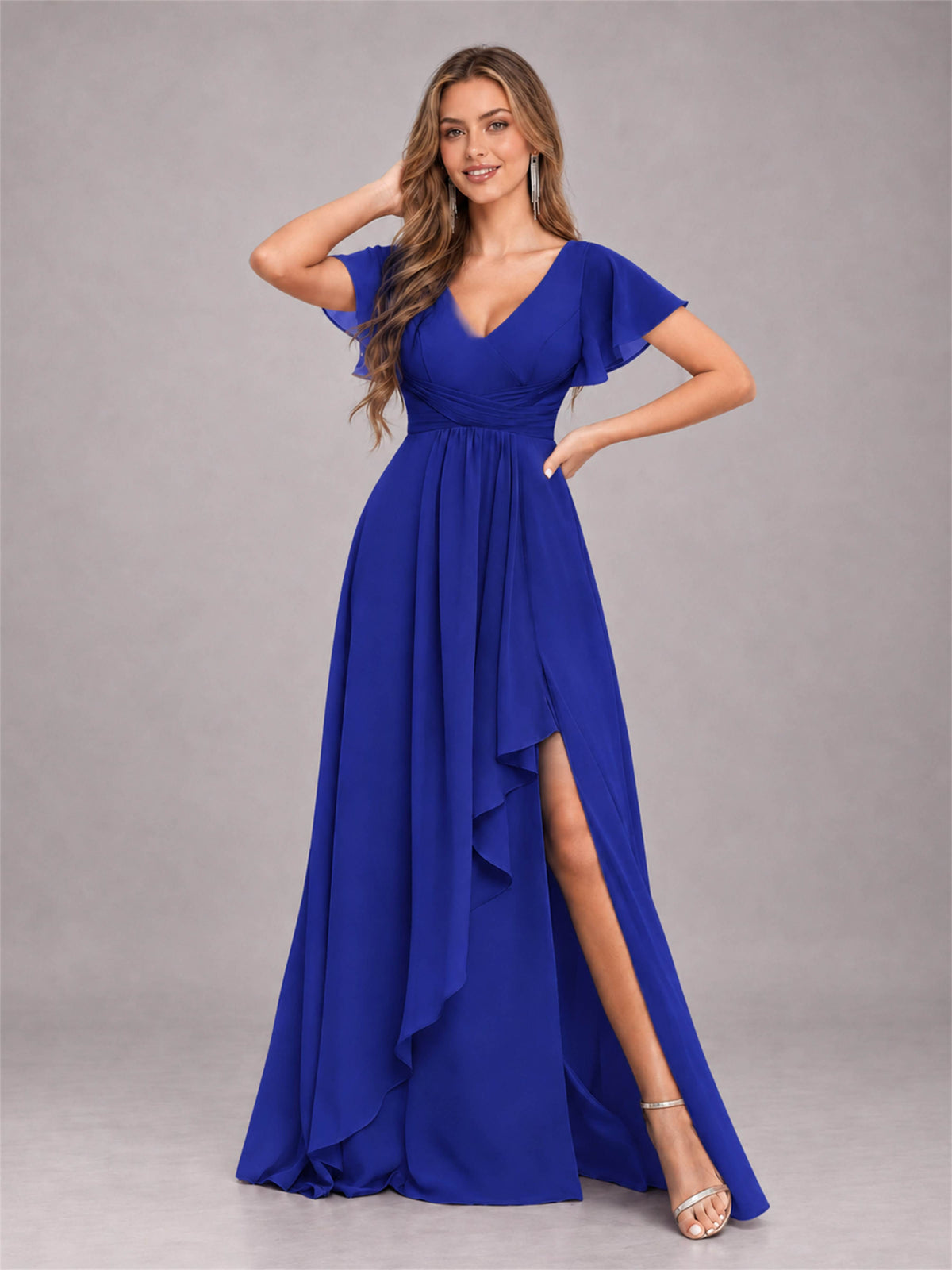 Royal Blue Stylish Ruffles A-Line V-Neck Slit Chiffon Bridesmaid Dress