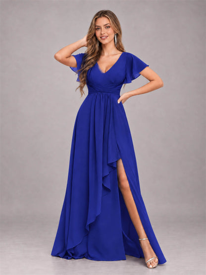 Royal Blue Stylish Ruffles A-Line V-Neck Slit Chiffon Bridesmaid Dress