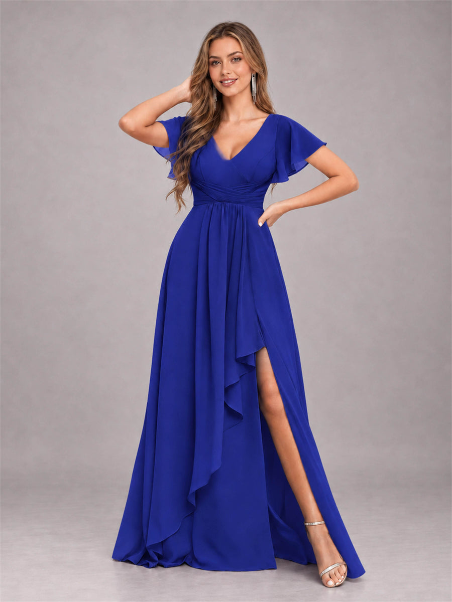 Royal Blue Stylish Ruffles A-Line V-Neck Slit Chiffon Bridesmaid Dress