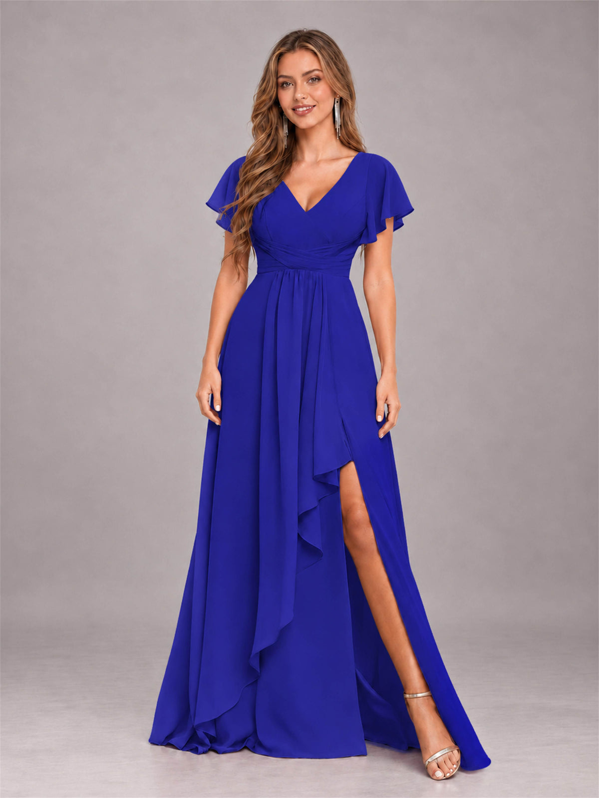 Royal Blue Stylish Ruffles A-Line V-Neck Slit Chiffon Bridesmaid Dress
