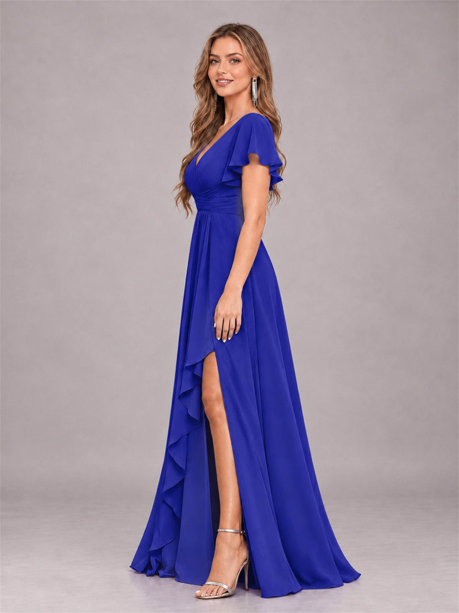 Royal Blue Stylish Ruffles A-Line V-Neck Slit Chiffon Bridesmaid Dress