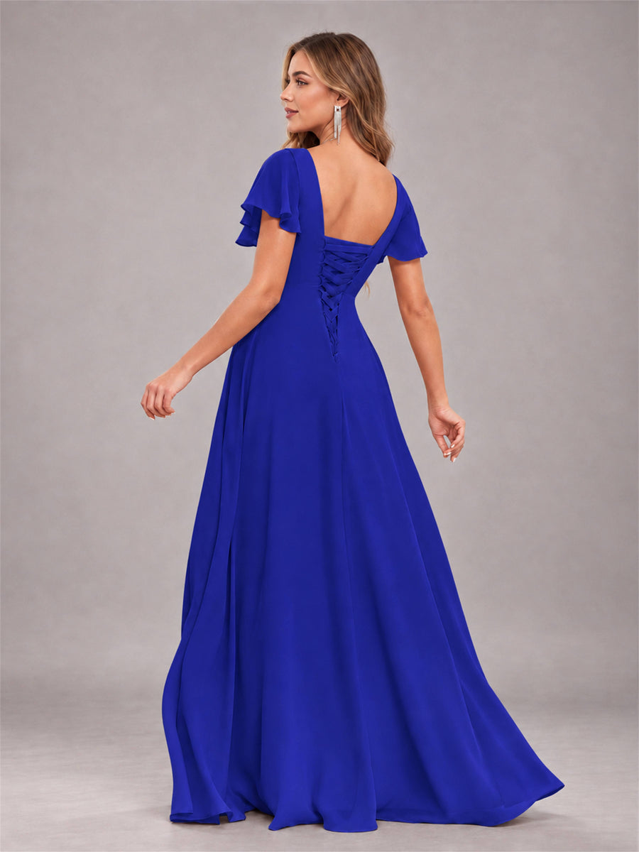 Royal Blue Stylish Ruffles A-Line V-Neck Slit Chiffon Bridesmaid Dress