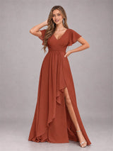 Stylish Ruffles A-Line V-Neck Slit Chiffon Bridesmaid Dress