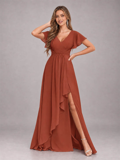 Rust Stylish Ruffles A-Line V-Neck Slit Chiffon Bridesmaid Dress