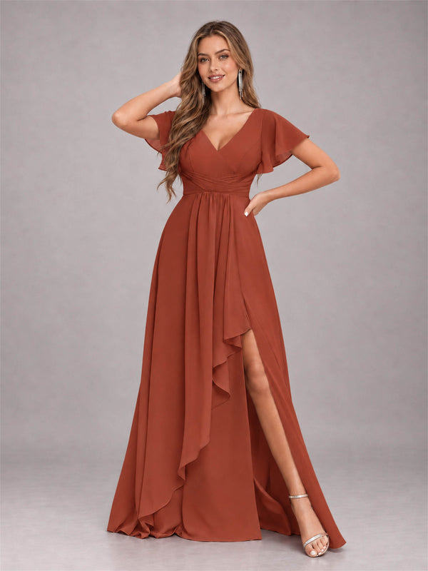 Rust Stylish Ruffles A-Line V-Neck Slit Chiffon Bridesmaid Dress