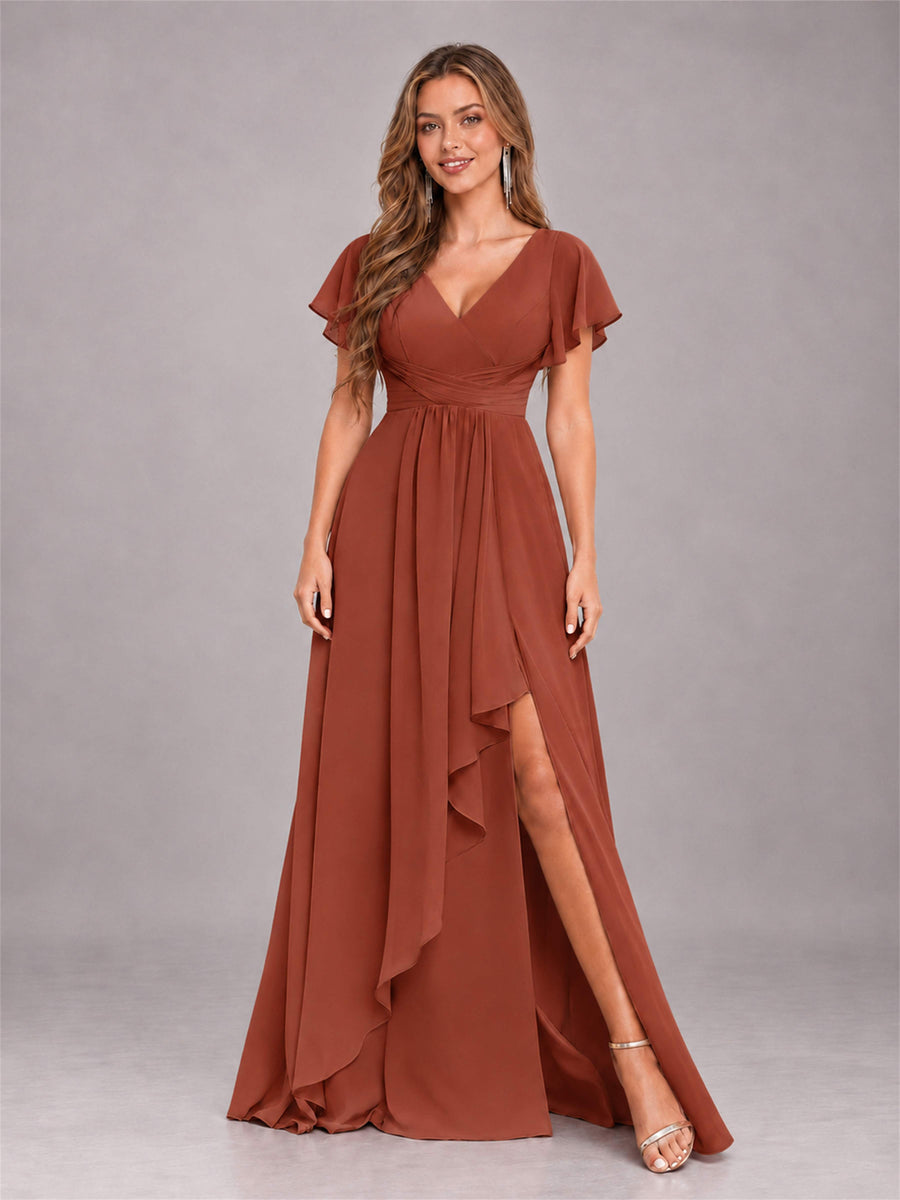 Rust Stylish Ruffles A-Line V-Neck Slit Chiffon Bridesmaid Dress