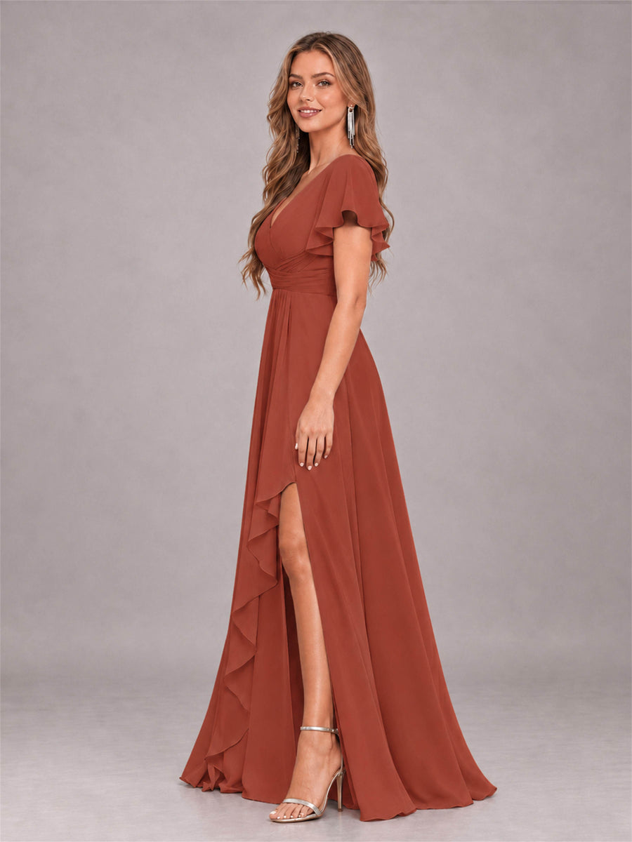 Rust Stylish Ruffles A-Line V-Neck Slit Chiffon Bridesmaid Dress