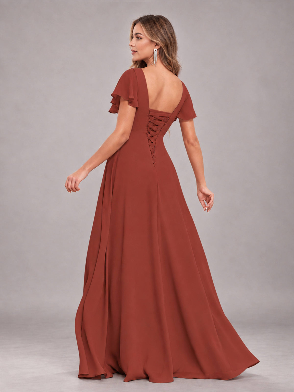 Rust Stylish Ruffles A-Line V-Neck Slit Chiffon Bridesmaid Dress