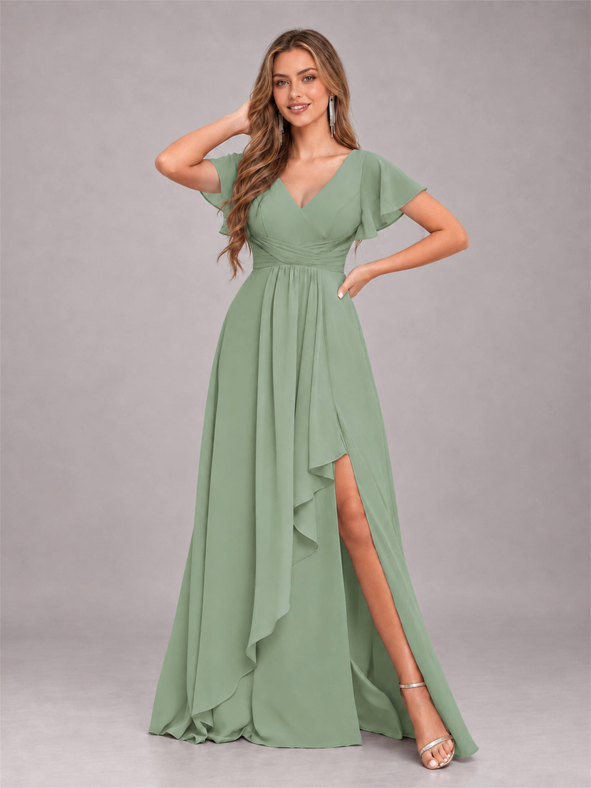 Sage Green Stylish Ruffles A-Line V-Neck Slit Chiffon Bridesmaid Dress