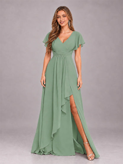 Sage Green Stylish Ruffles A-Line V-Neck Slit Chiffon Bridesmaid Dress
