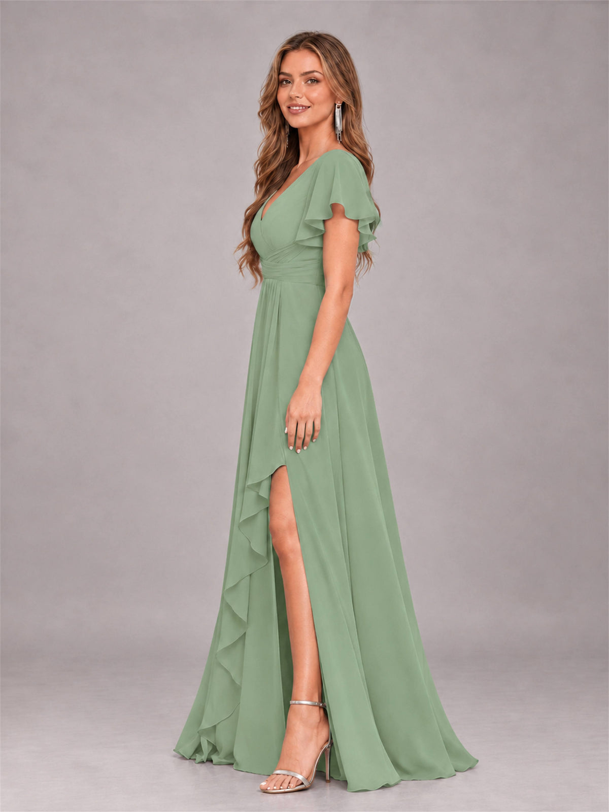 Sage Green Stylish Ruffles A-Line V-Neck Slit Chiffon Bridesmaid Dress