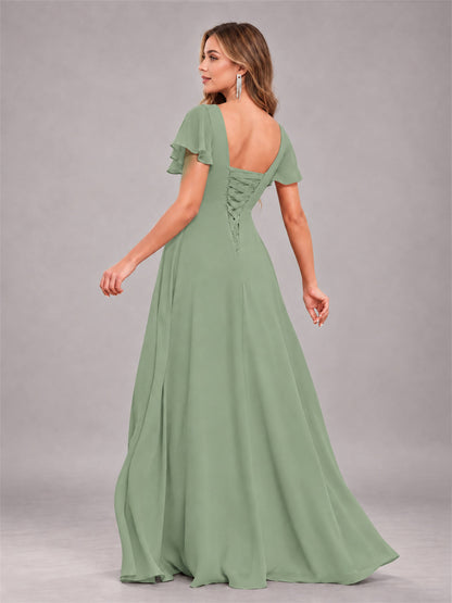 Sage Green Stylish Ruffles A-Line V-Neck Slit Chiffon Bridesmaid Dress