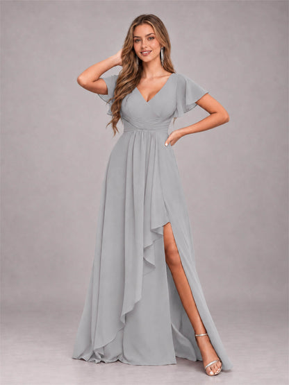 Silver Stylish Ruffles A-Line V-Neck Slit Chiffon Bridesmaid Dress