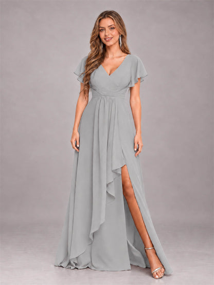 Silver Stylish Ruffles A-Line V-Neck Slit Chiffon Bridesmaid Dress