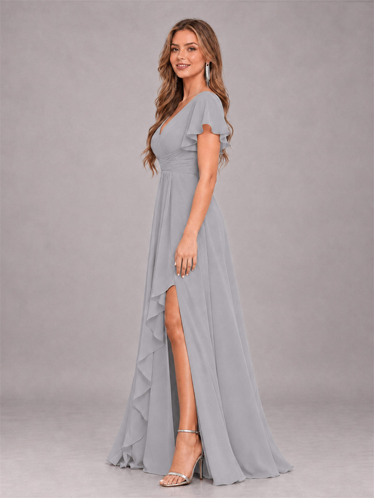 Silver Stylish Ruffles A-Line V-Neck Slit Chiffon Bridesmaid Dress