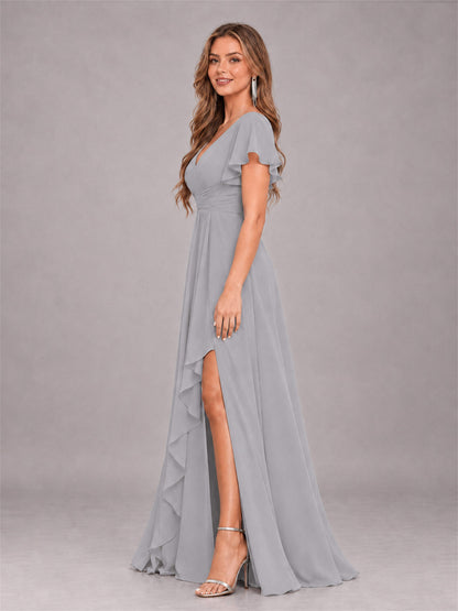Silver Stylish Ruffles A-Line V-Neck Slit Chiffon Bridesmaid Dress