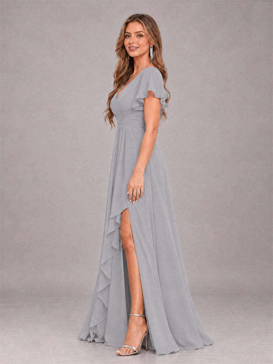 Silver Stylish Ruffles A-Line V-Neck Slit Chiffon Bridesmaid Dress