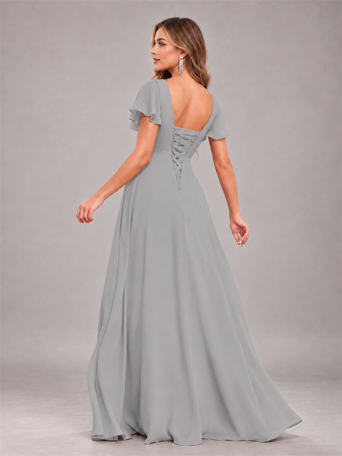 Silver Stylish Ruffles A-Line V-Neck Slit Chiffon Bridesmaid Dress
