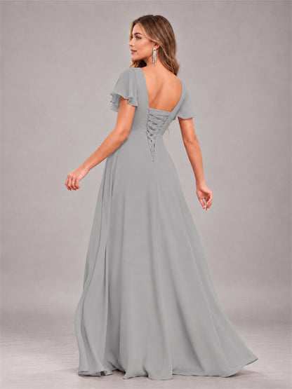 Silver Stylish Ruffles A-Line V-Neck Slit Chiffon Bridesmaid Dress
