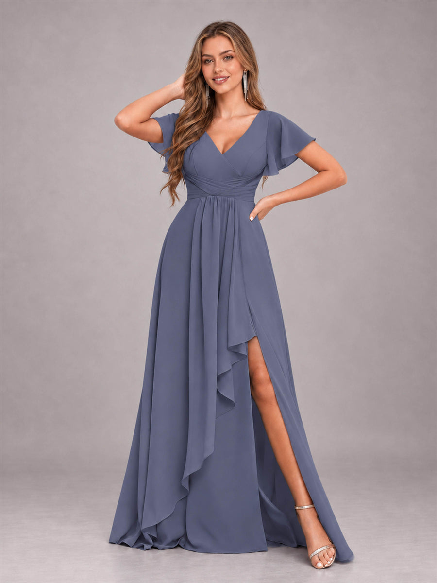 Stormy Blue Stylish Ruffles A-Line V-Neck Slit Chiffon Bridesmaid Dress