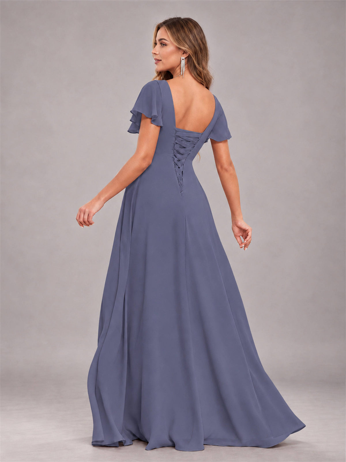 Stormy Blue Stylish Ruffles A-Line V-Neck Slit Chiffon Bridesmaid Dress