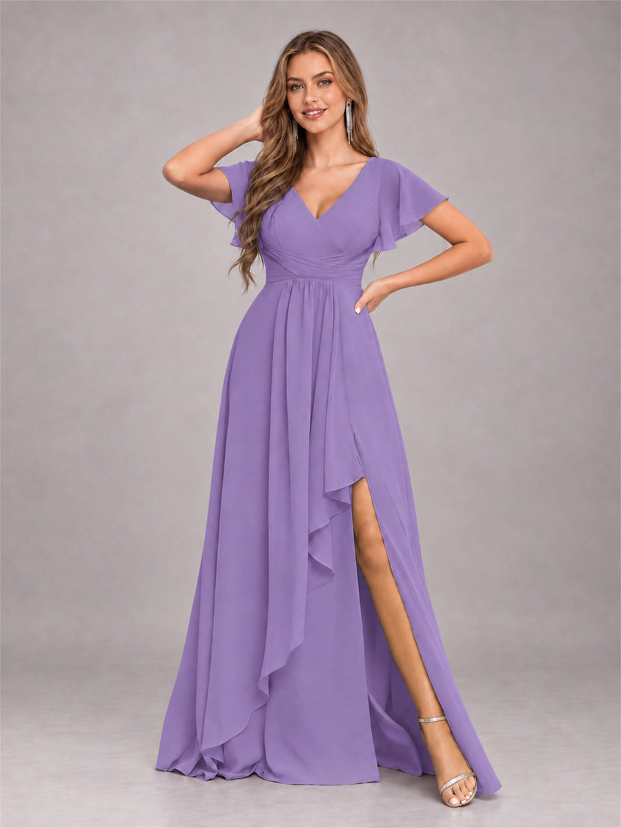 Tahiti Stylish Ruffles A-Line V-Neck Slit Chiffon Bridesmaid Dress