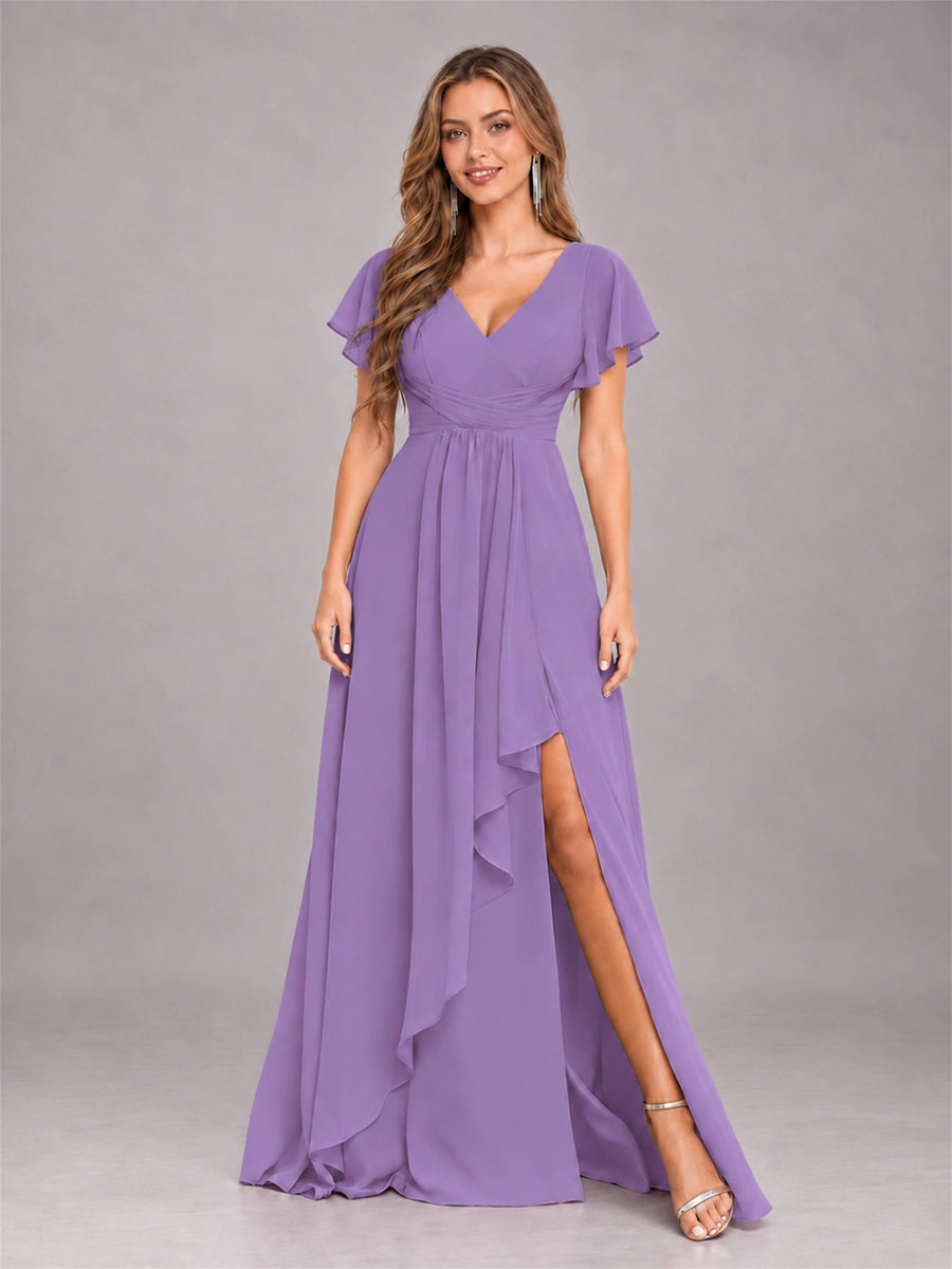 Tahiti Stylish Ruffles A-Line V-Neck Slit Chiffon Bridesmaid Dress