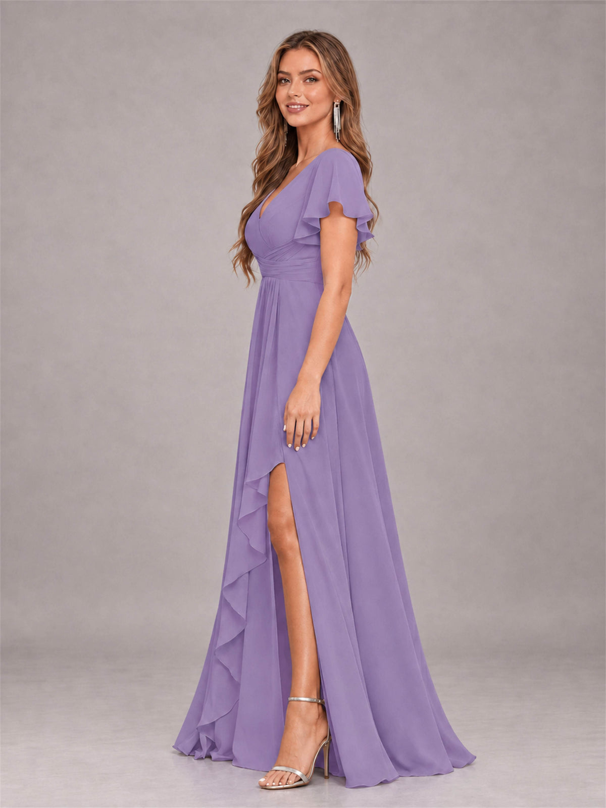 Tahiti Stylish Ruffles A-Line V-Neck Slit Chiffon Bridesmaid Dress