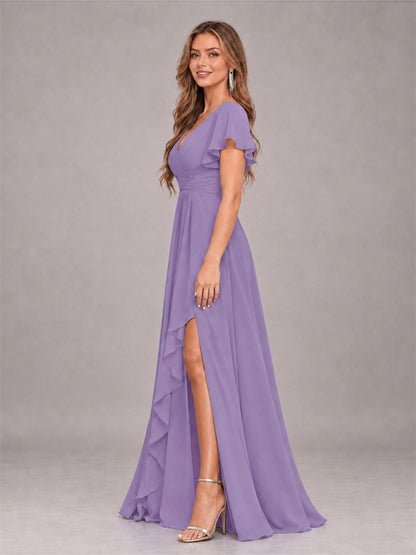 Tahiti Stylish Ruffles A-Line V-Neck Slit Chiffon Bridesmaid Dress