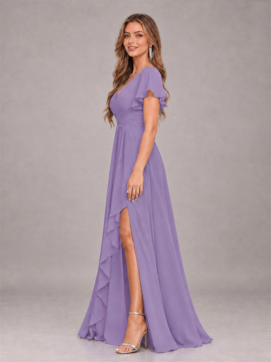 Tahiti Stylish Ruffles A-Line V-Neck Slit Chiffon Bridesmaid Dress