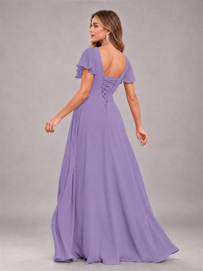 Tahiti Stylish Ruffles A-Line V-Neck Slit Chiffon Bridesmaid Dress