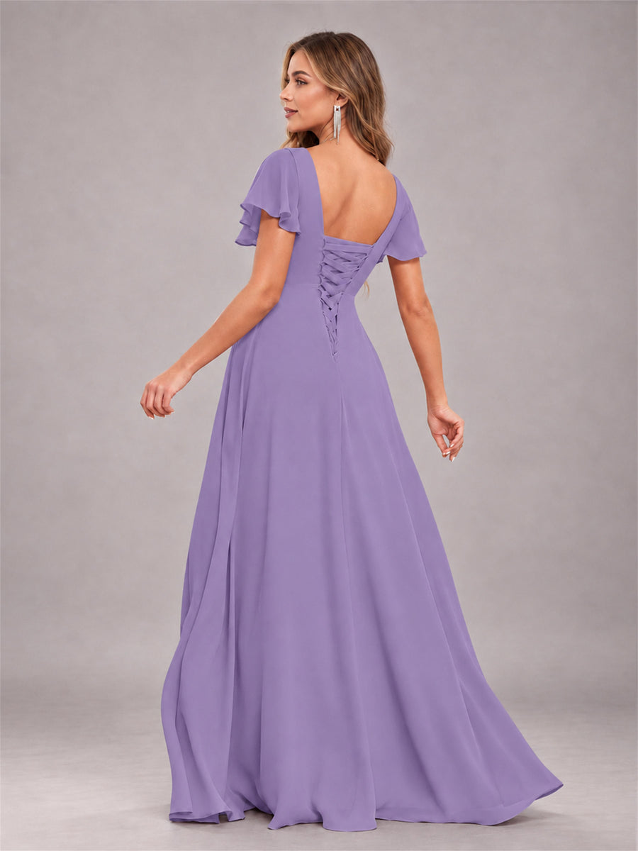 Tahiti Stylish Ruffles A-Line V-Neck Slit Chiffon Bridesmaid Dress