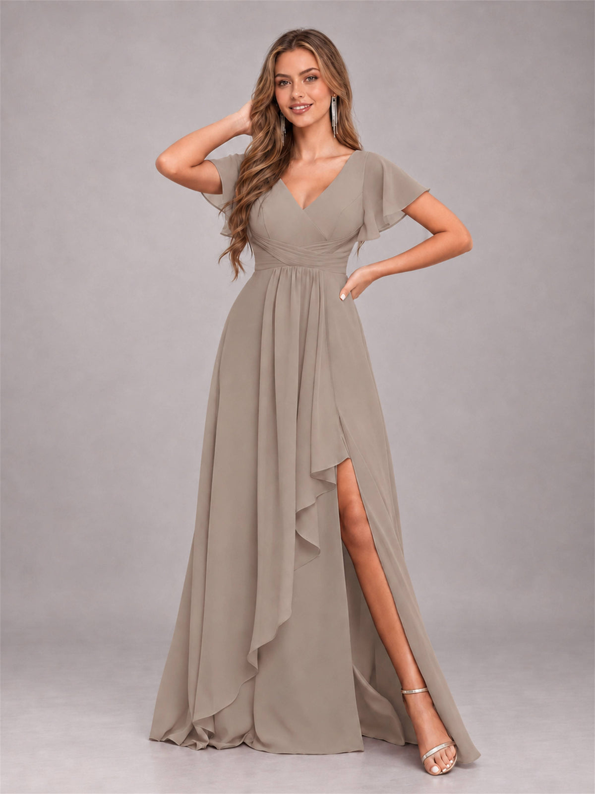 Taupe Stylish Ruffles A-Line V-Neck Slit Chiffon Bridesmaid Dress