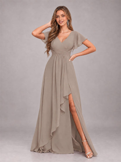 Taupe Stylish Ruffles A-Line V-Neck Slit Chiffon Bridesmaid Dress
