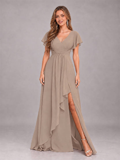 Taupe Stylish Ruffles A-Line V-Neck Slit Chiffon Bridesmaid Dress