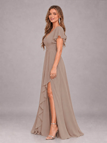 Taupe Stylish Ruffles A-Line V-Neck Slit Chiffon Bridesmaid Dress