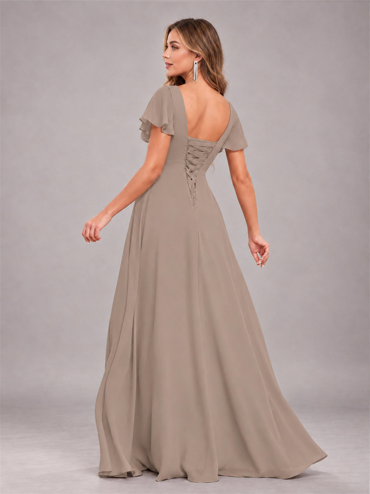 Taupe Stylish Ruffles A-Line V-Neck Slit Chiffon Bridesmaid Dress