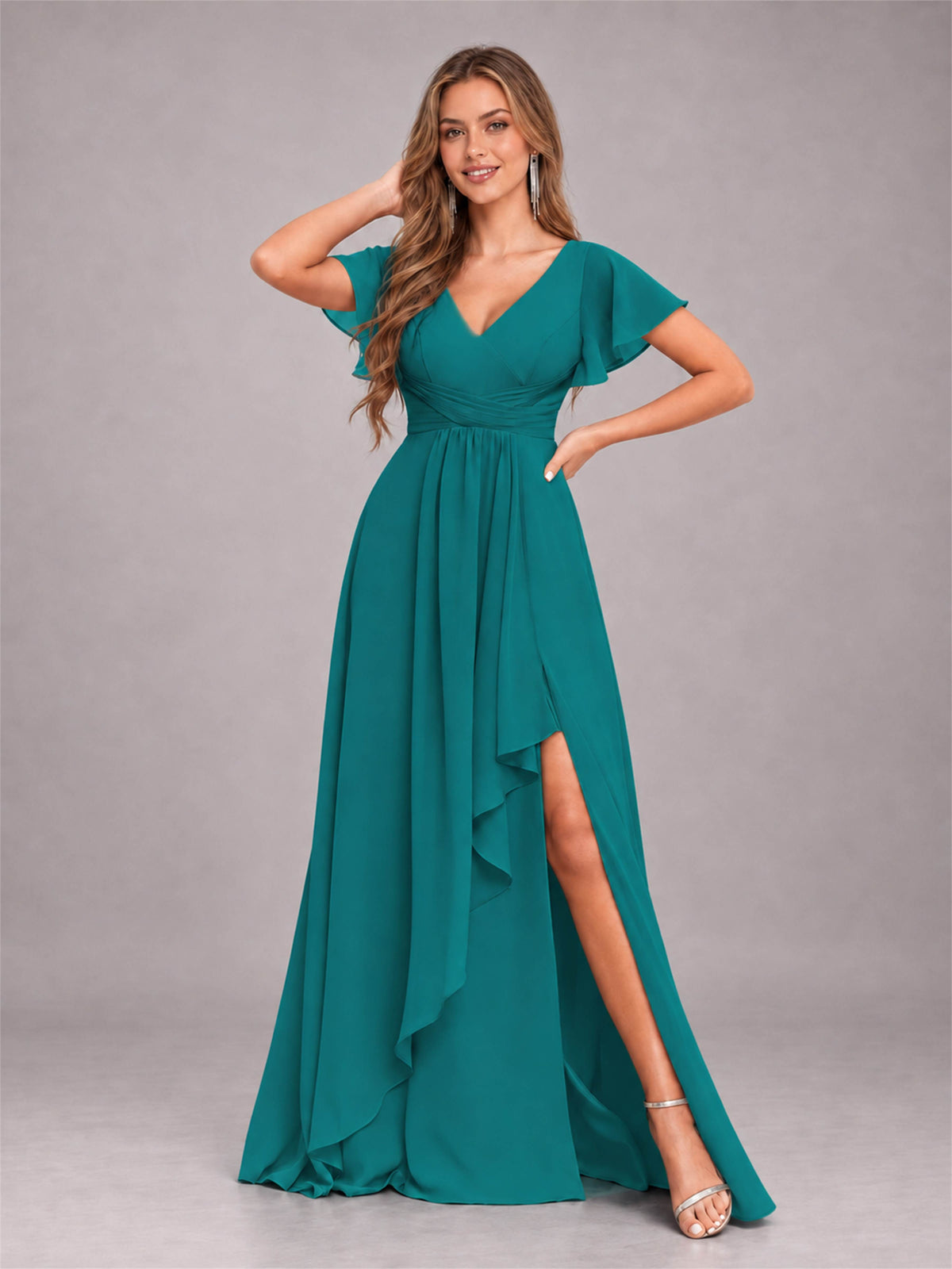 Teal Stylish Ruffles A-Line V-Neck Slit Chiffon Bridesmaid Dress