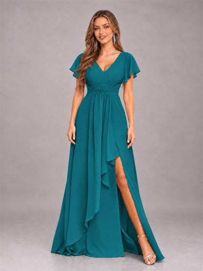 Teal Stylish Ruffles A-Line V-Neck Slit Chiffon Bridesmaid Dress