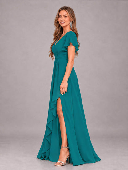 Teal Stylish Ruffles A-Line V-Neck Slit Chiffon Bridesmaid Dress