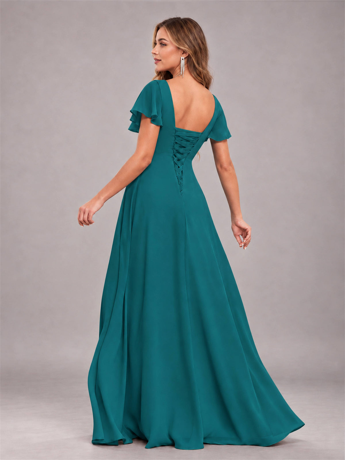 Teal Stylish Ruffles A-Line V-Neck Slit Chiffon Bridesmaid Dress