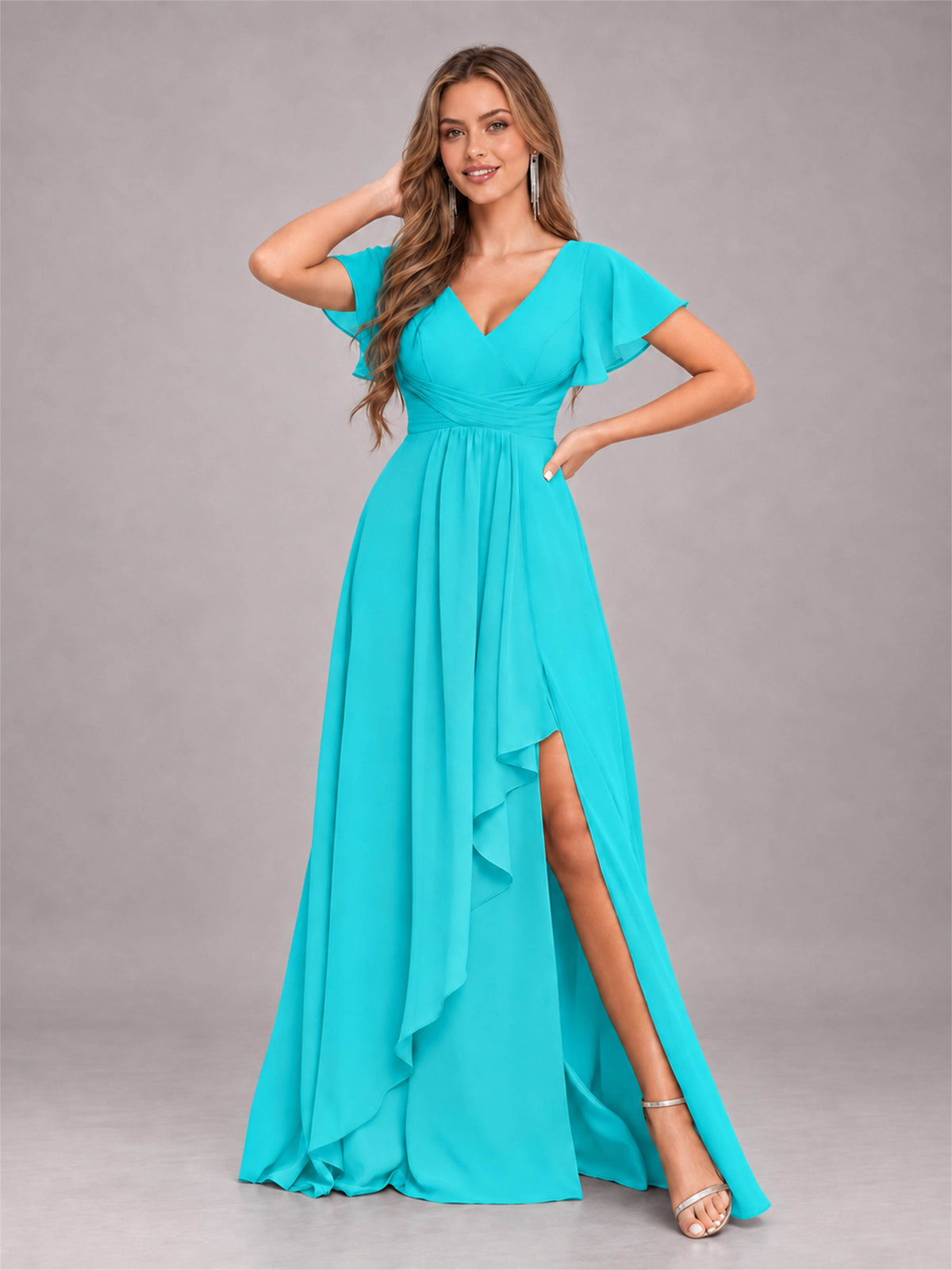 Turquoise Stylish Ruffles A-Line V-Neck Slit Chiffon Bridesmaid Dress