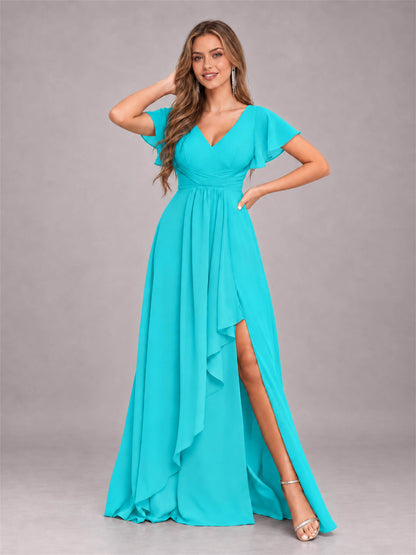 Turquoise Stylish Ruffles A-Line V-Neck Slit Chiffon Bridesmaid Dress