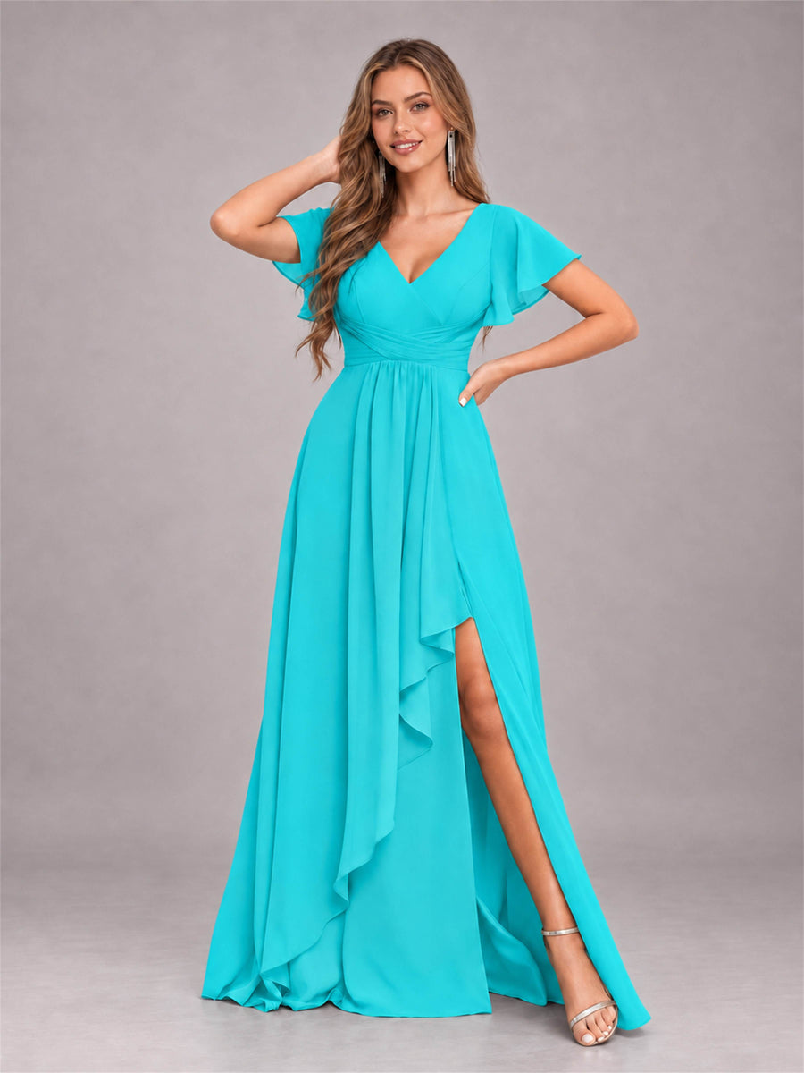 Turquoise Stylish Ruffles A-Line V-Neck Slit Chiffon Bridesmaid Dress