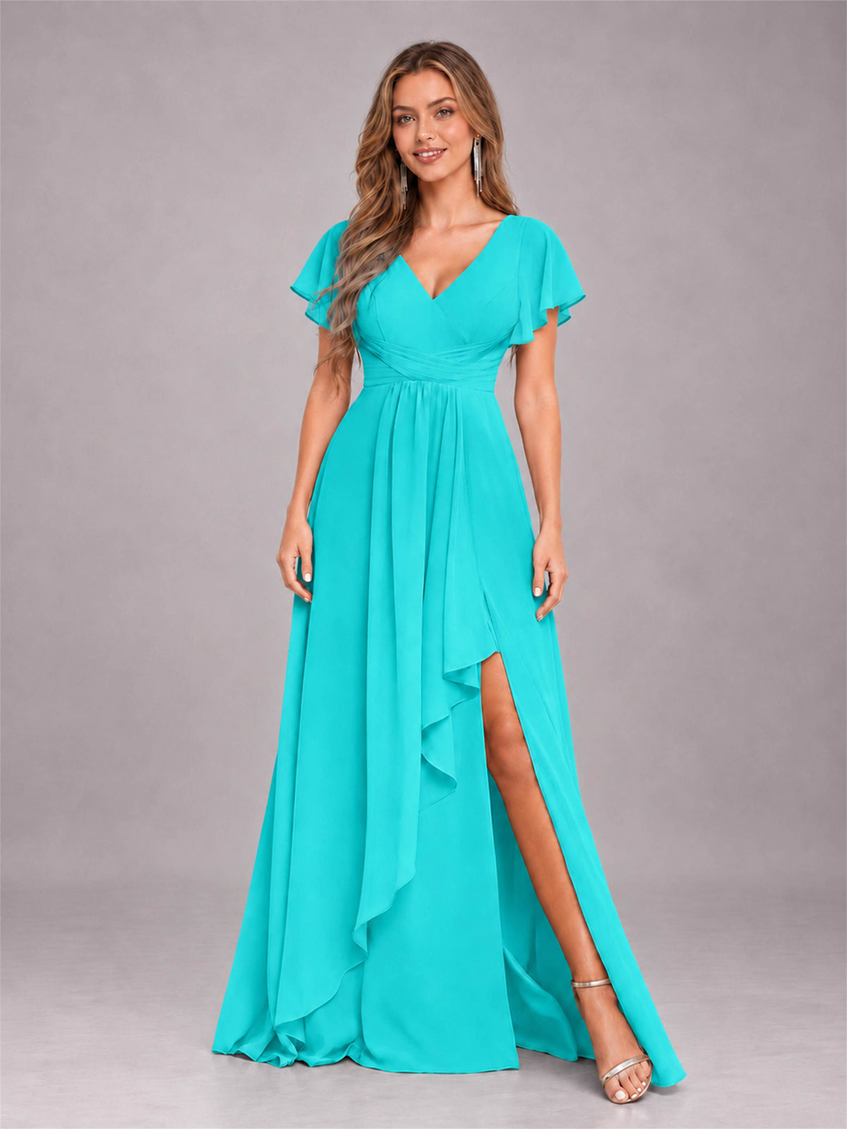Turquoise Stylish Ruffles A-Line V-Neck Slit Chiffon Bridesmaid Dress