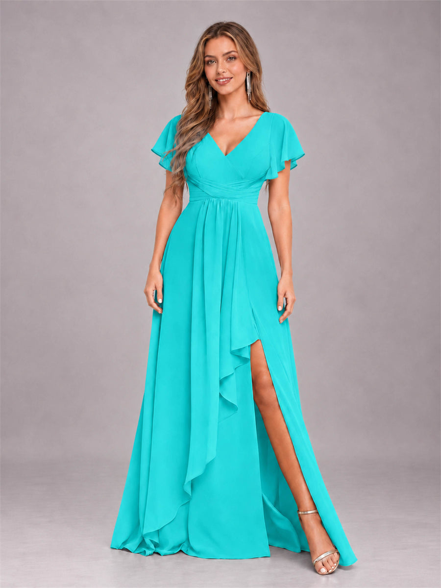 Turquoise Stylish Ruffles A-Line V-Neck Slit Chiffon Bridesmaid Dress