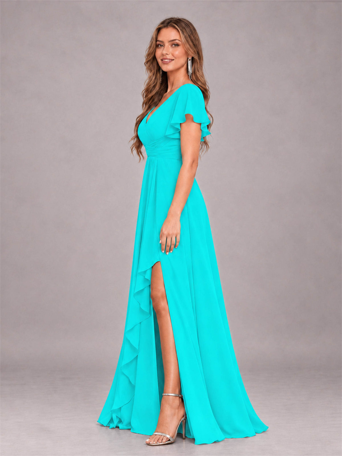 Turquoise Stylish Ruffles A-Line V-Neck Slit Chiffon Bridesmaid Dress